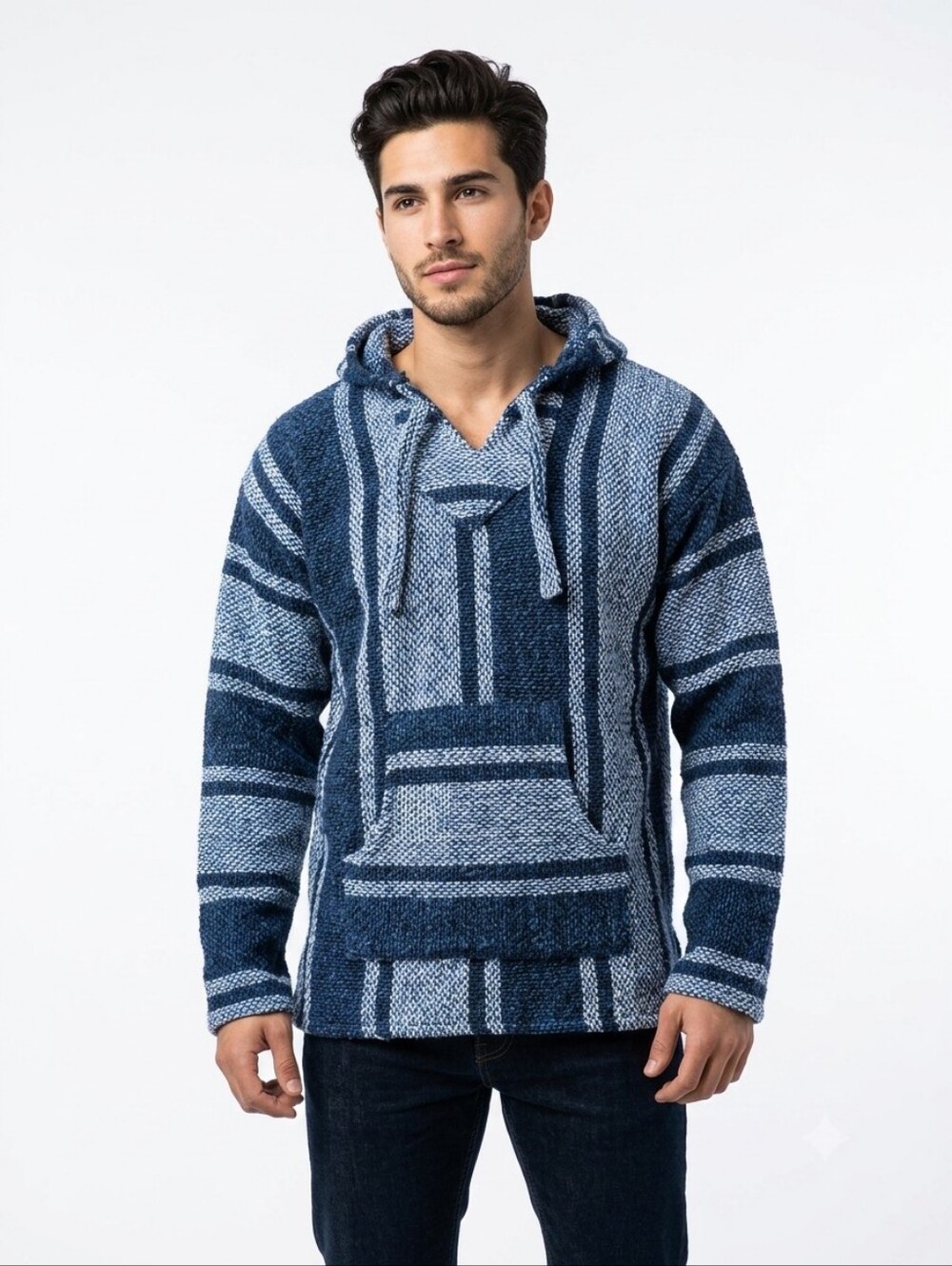 Artesanias Cuamatzi Unisex Striped Baja Pullover Hoodie Knit Sweater Size Med
